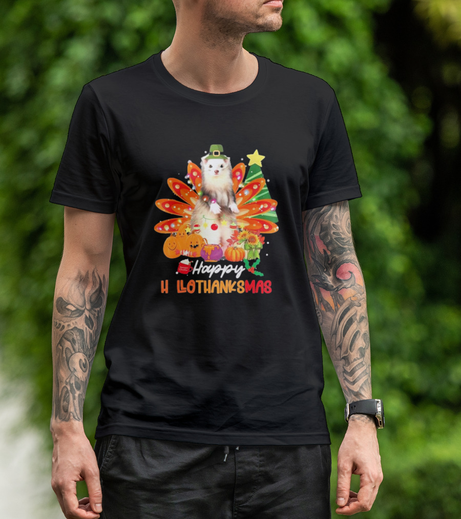 Ferret Happy Hallothanksmas Halloween Thanksgiving Christmas Holiday T-Shirt