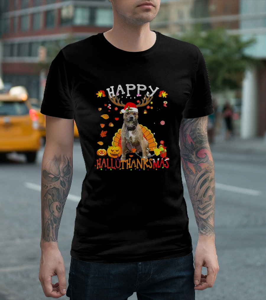Happy Hallothanksmas Pitbull Dog Halloween Thanksgiving Christmas T-Shirt