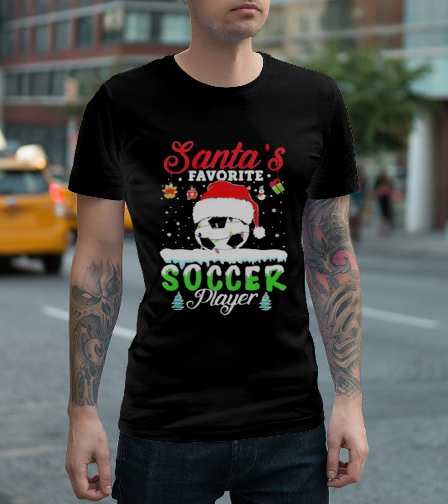 Santa's Favorite Soccer Player Christmas Football Soccer Ball Santa Hat Snowflakes T-Shirt