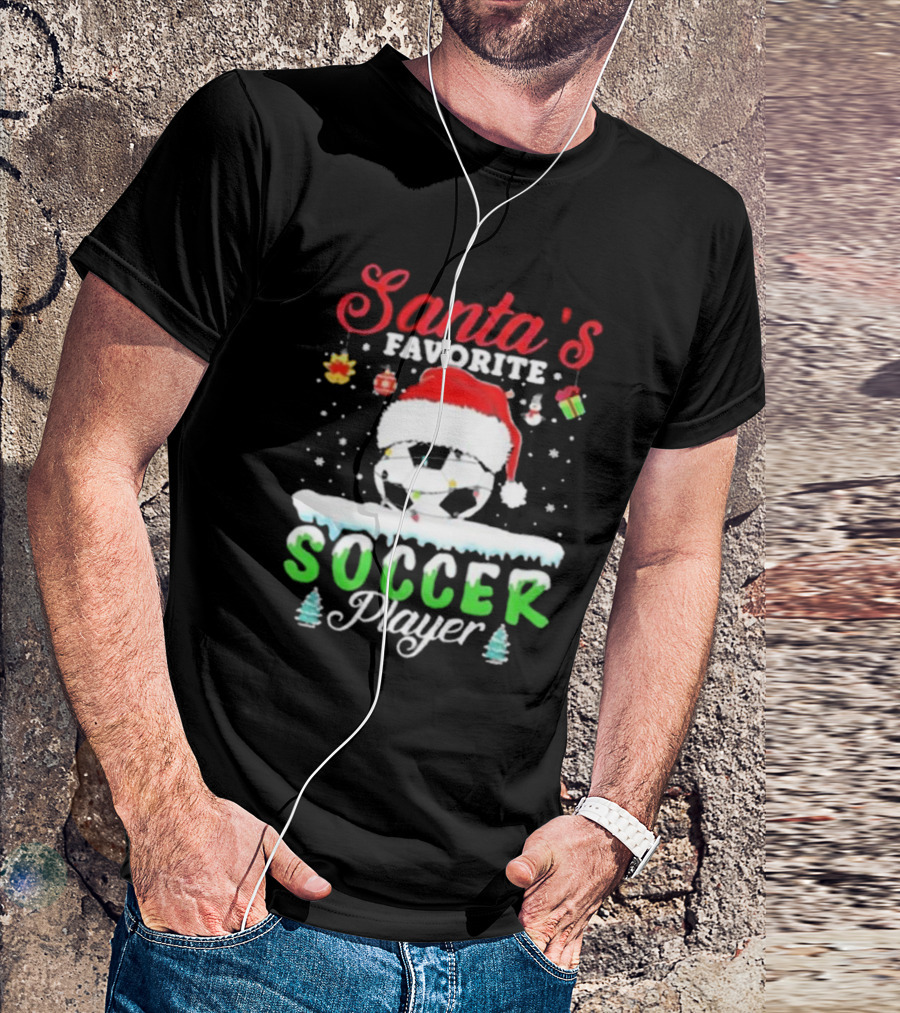 Santa's Favorite Soccer Player Christmas Football Soccer Ball Santa Hat Snowflakes T-Shirt