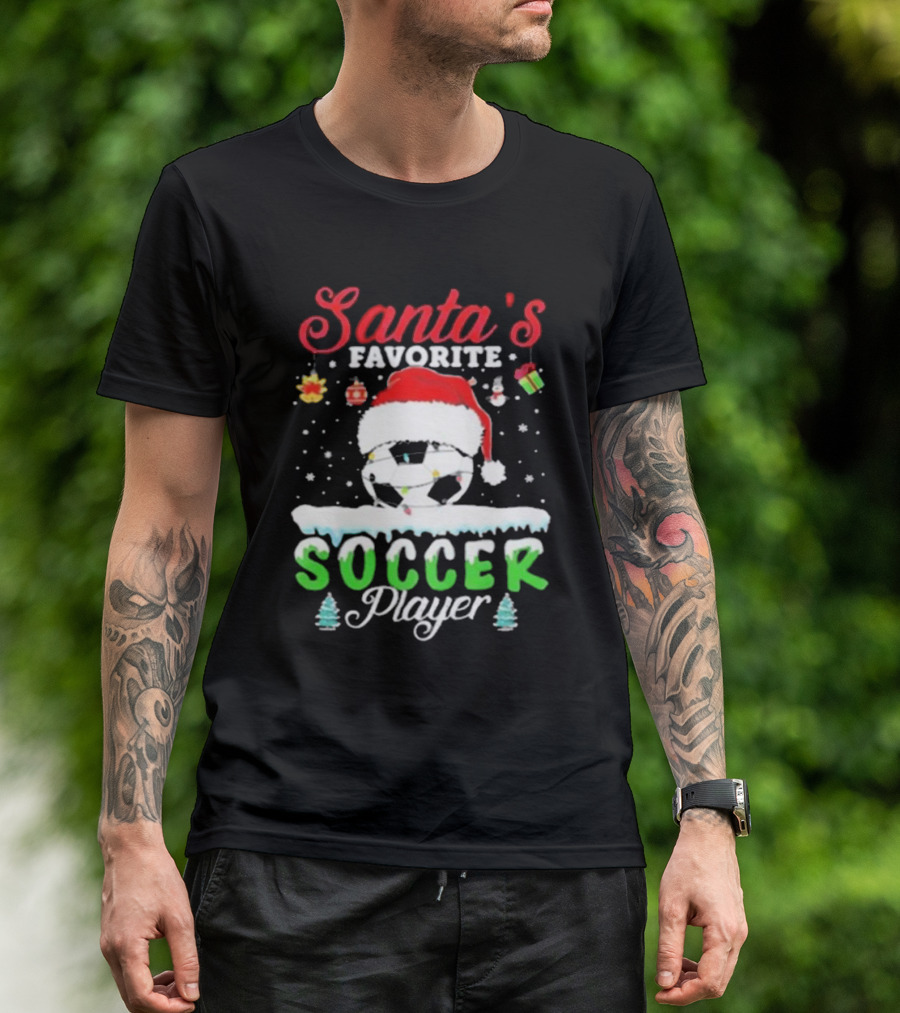 Santa's Favorite Soccer Player Christmas Football Soccer Ball Santa Hat Snowflakes T-Shirt
