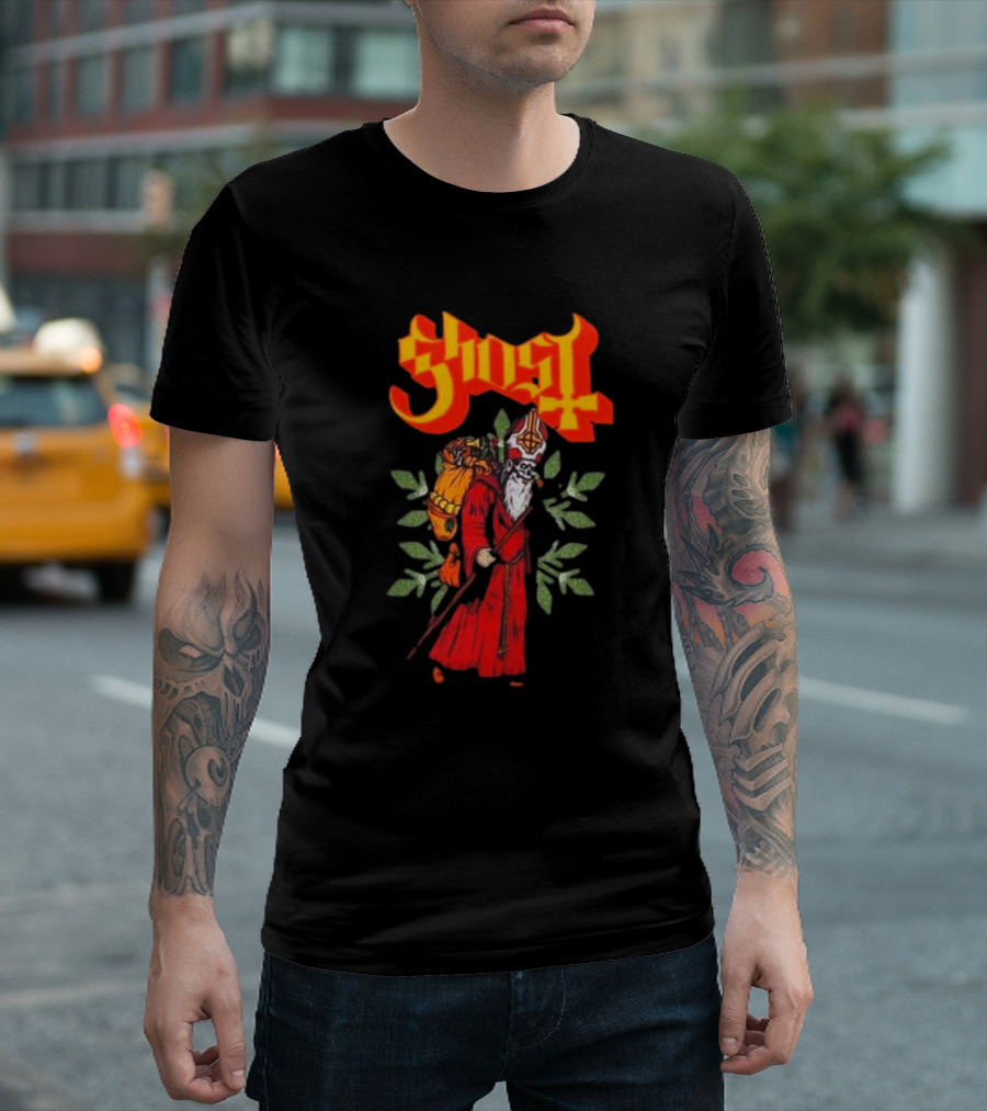 Ghost Papa Noel Glitter Leaf Santa Clausal Graphic Red Robe Relaxed Fit Girls T-Shirt
