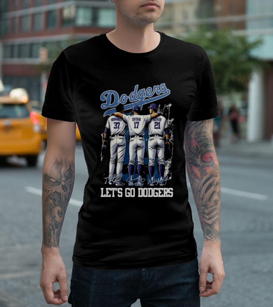 Dodgers Hernandez Ohtani Kershaw Let's Go Dodgers Signatures T-Shirt