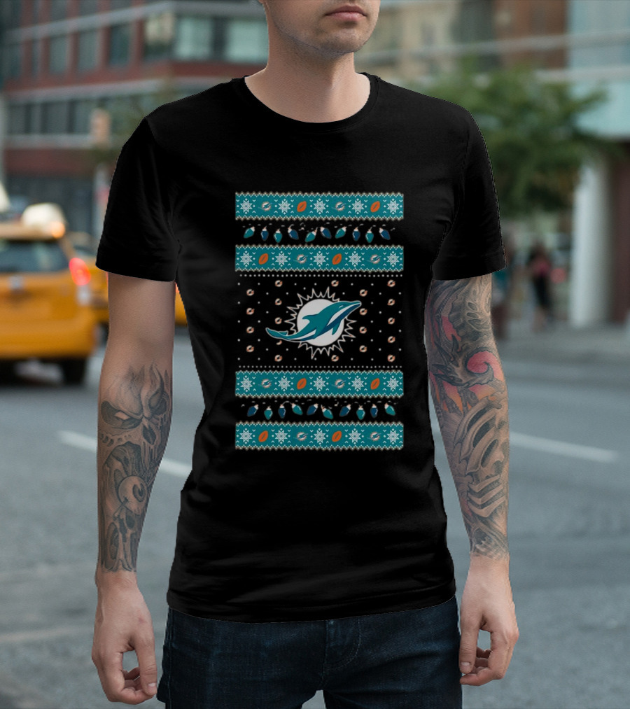 Miami Dolphins NFL Holiday Lights Ugly Sweater Christmas Football T-Shirt