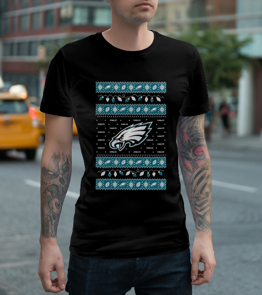 Philadelphia Eagles NFL Holiday Lights Ugly Sweater Christmas Eagles Logo Pattern T-Shirt