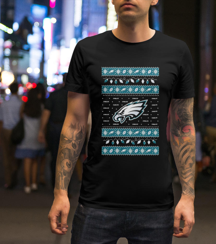 Philadelphia Eagles NFL Holiday Lights Ugly Sweater Christmas Eagles Logo Pattern T-Shirt