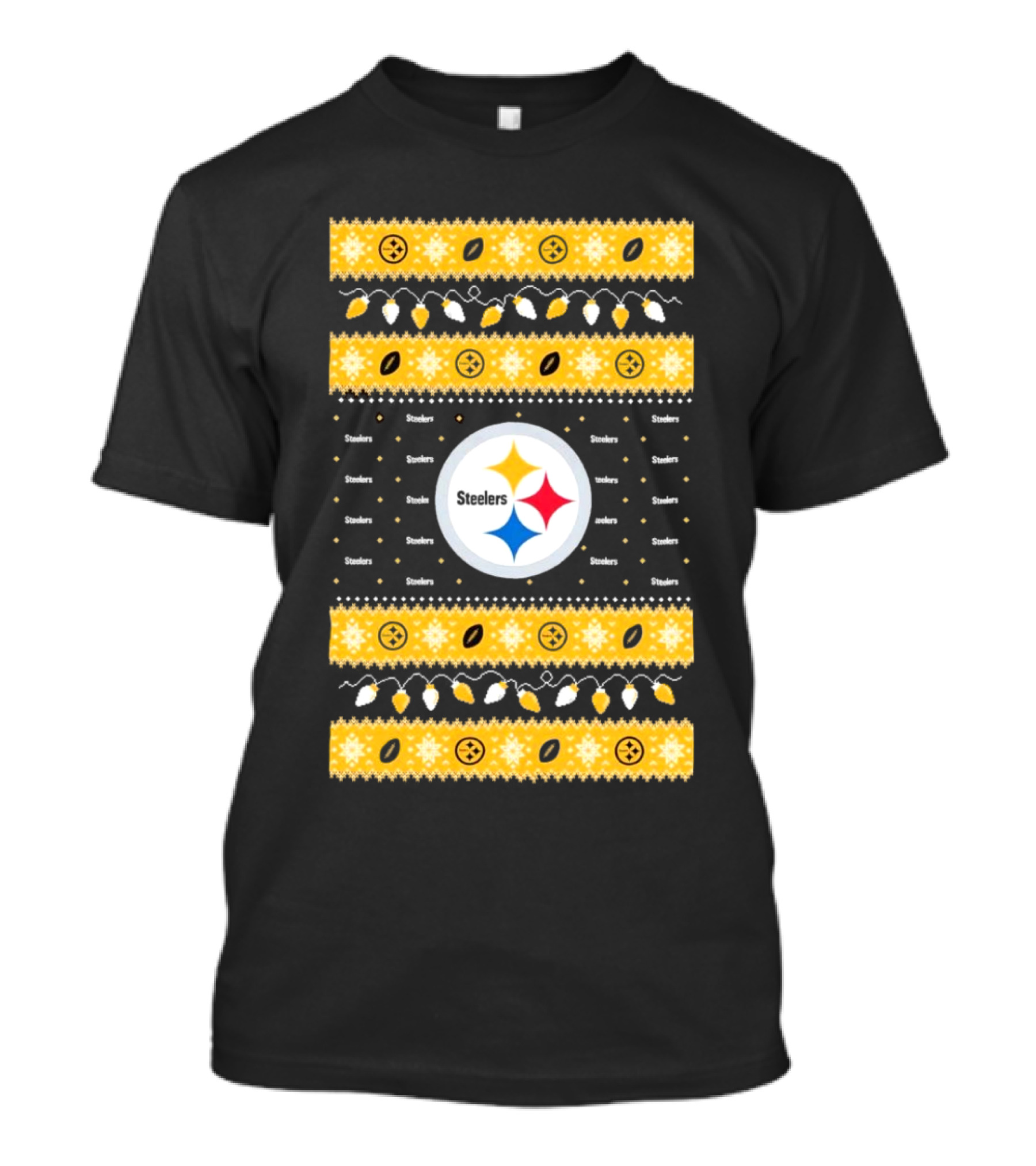 Pittsburgh Steelers NFL Christmas 2024 Holiday Lights Ugly T-Shirt