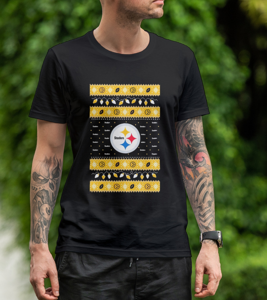 Pittsburgh Steelers NFL Christmas 2024 Holiday Lights Ugly T-Shirt