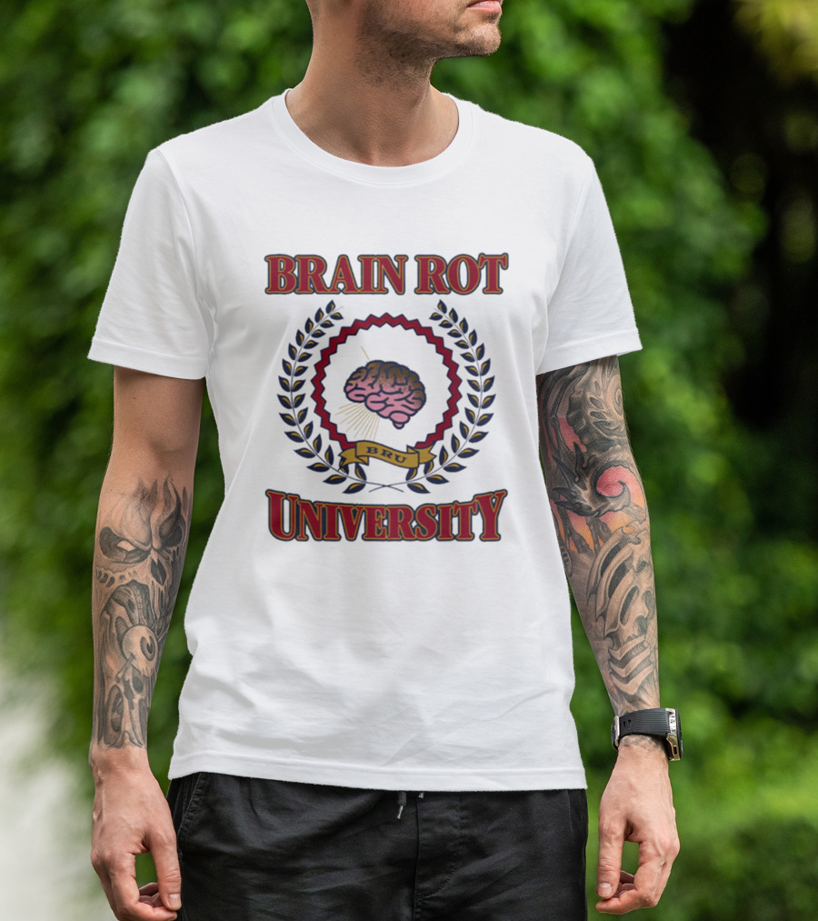 Brain Rot University BRU Emblem With Laurel And Brain T-Shirt