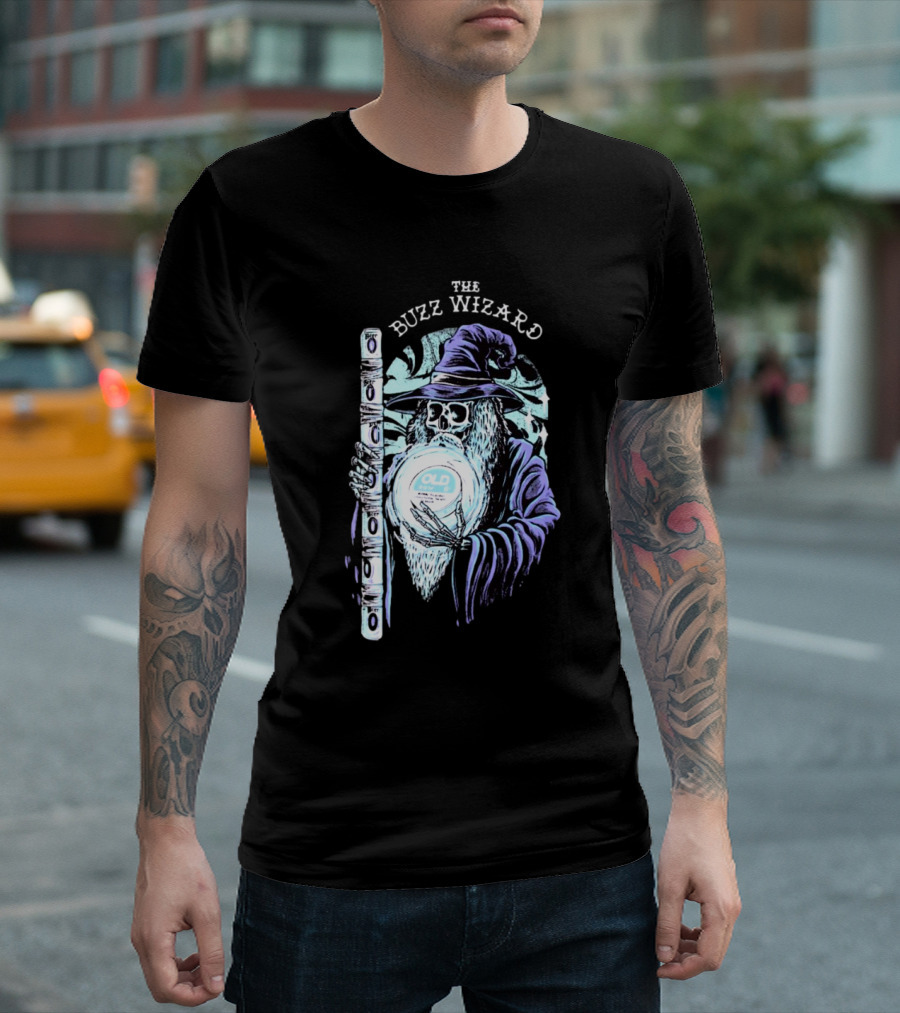 The Buzz Wizard Holding Old Row Branded Magic Orb And Staff T-Shirt