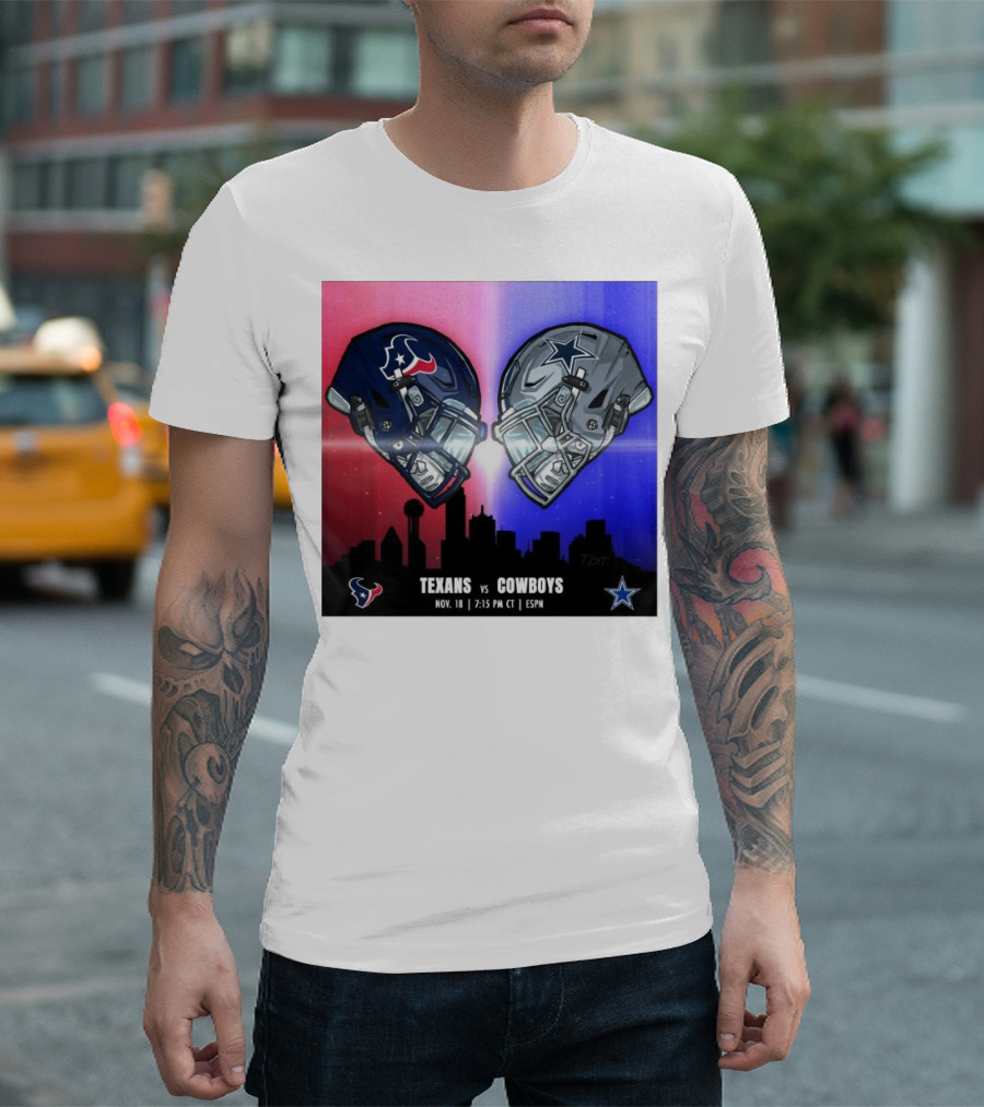 Texans vs Cowboys November 18 2024 Monday Night 7:15 PM CT ESPN Helmets Clash T-Shirt