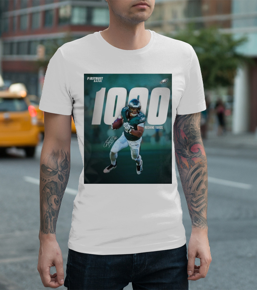 Philadelphia Eagles 1000 Rushing Yards Saquon Signature First Trust Bank T-Shirt
