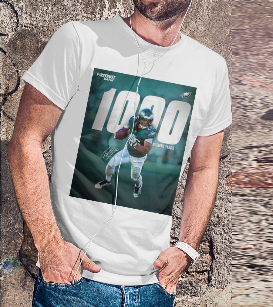 Philadelphia Eagles 1000 Rushing Yards Saquon Signature First Trust Bank T-Shirt