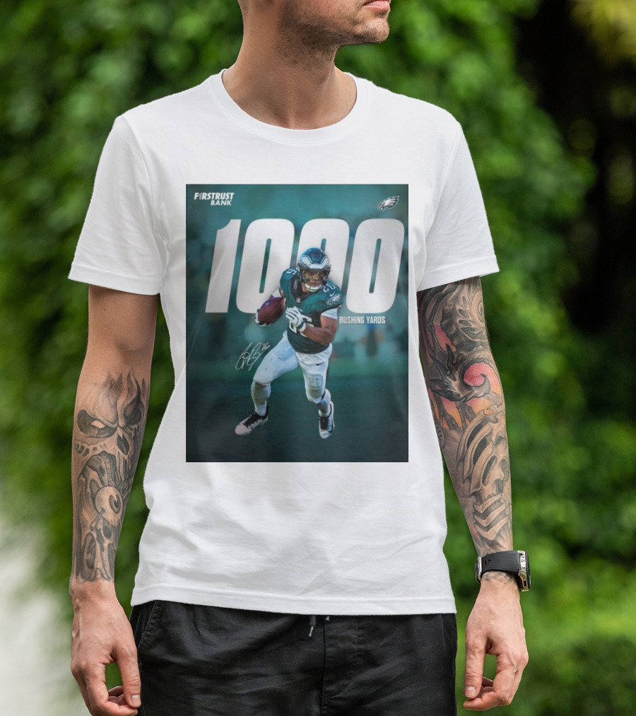 Philadelphia Eagles 1000 Rushing Yards Saquon Signature First Trust Bank T-Shirt