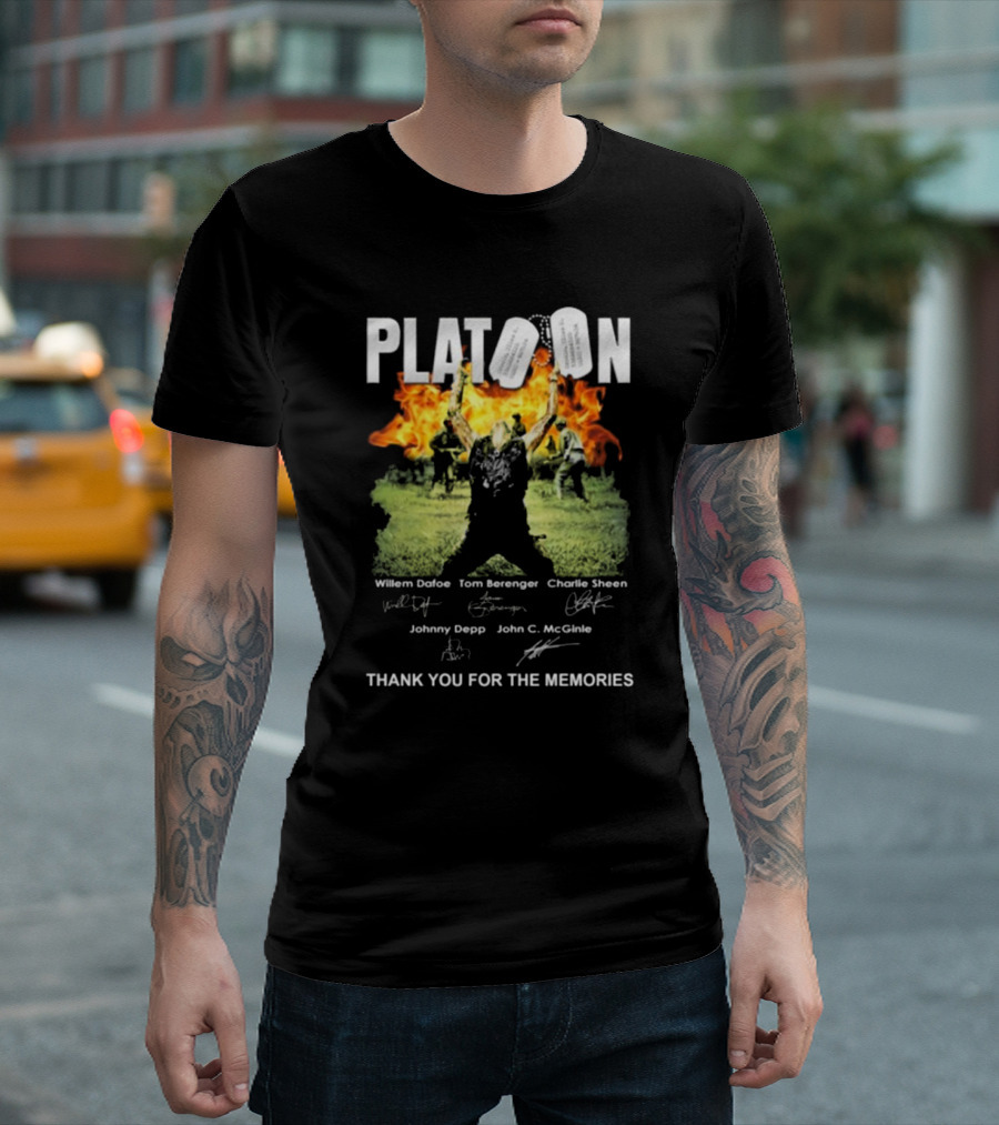 Platoon Thank You For The Memories Signatures Willem Dafoe Tom Berenger Charlie Sheen Johnny Depp John C. McGinley T-Shirt