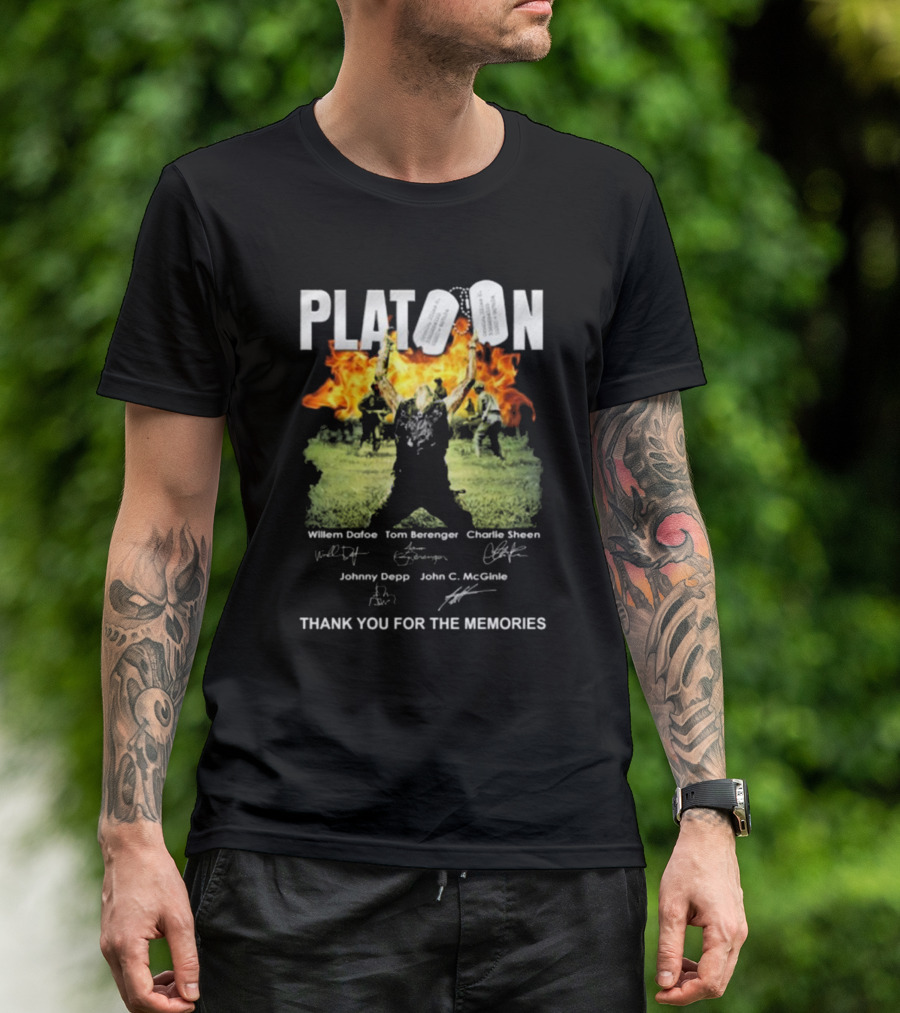 Platoon Thank You For The Memories Signatures Willem Dafoe Tom Berenger Charlie Sheen Johnny Depp John C. McGinley T-Shirt