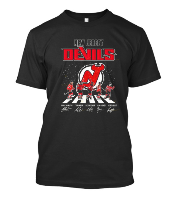 New Jersey Devils Dougie Hamilton Timo Meier Nico Hischier Jack Hughes Jesper Bratt Walking Signatures T-Shirt