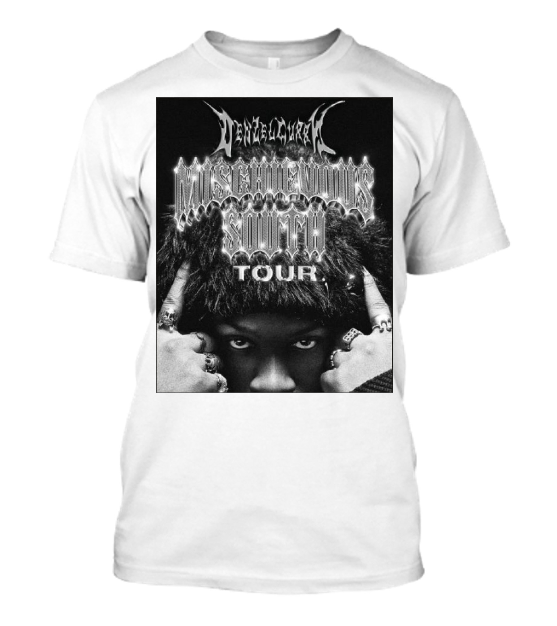 Mischievous South Tour 2025 North America Tour Half-Covered Hands Silver Rings Black And White Rugged T-Shirt