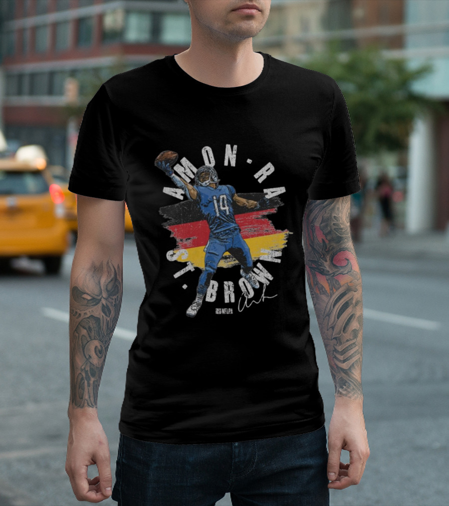 Amon-Ra St. Brown Detroit Lions NFLPA Germany Flag Signature 14 T-Shirt