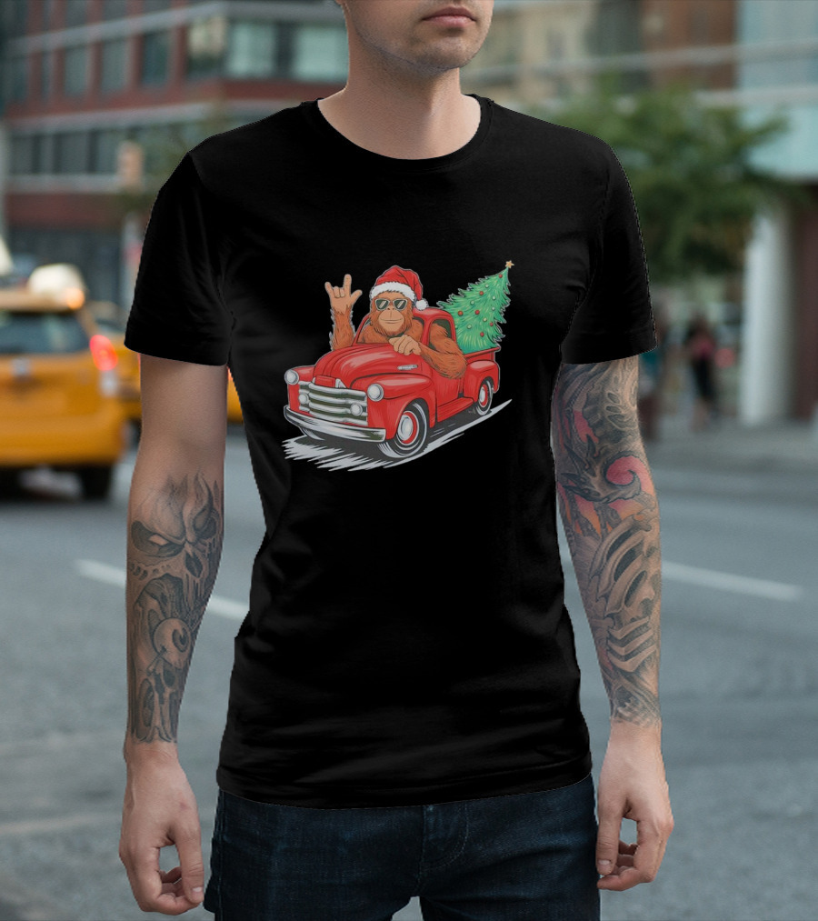 Bigfoot Rock On Santa Hat Christmas Tree Driving Red Truck T-Shirt