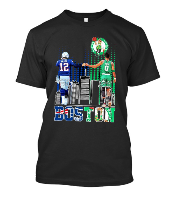 Boston Patriots And Celtics Skyline Featuring Tom Brady And Jayson Tatum Signatures T-Shirt