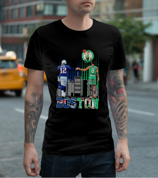 Boston Patriots And Celtics Skyline Featuring Tom Brady And Jayson Tatum Signatures T-Shirt