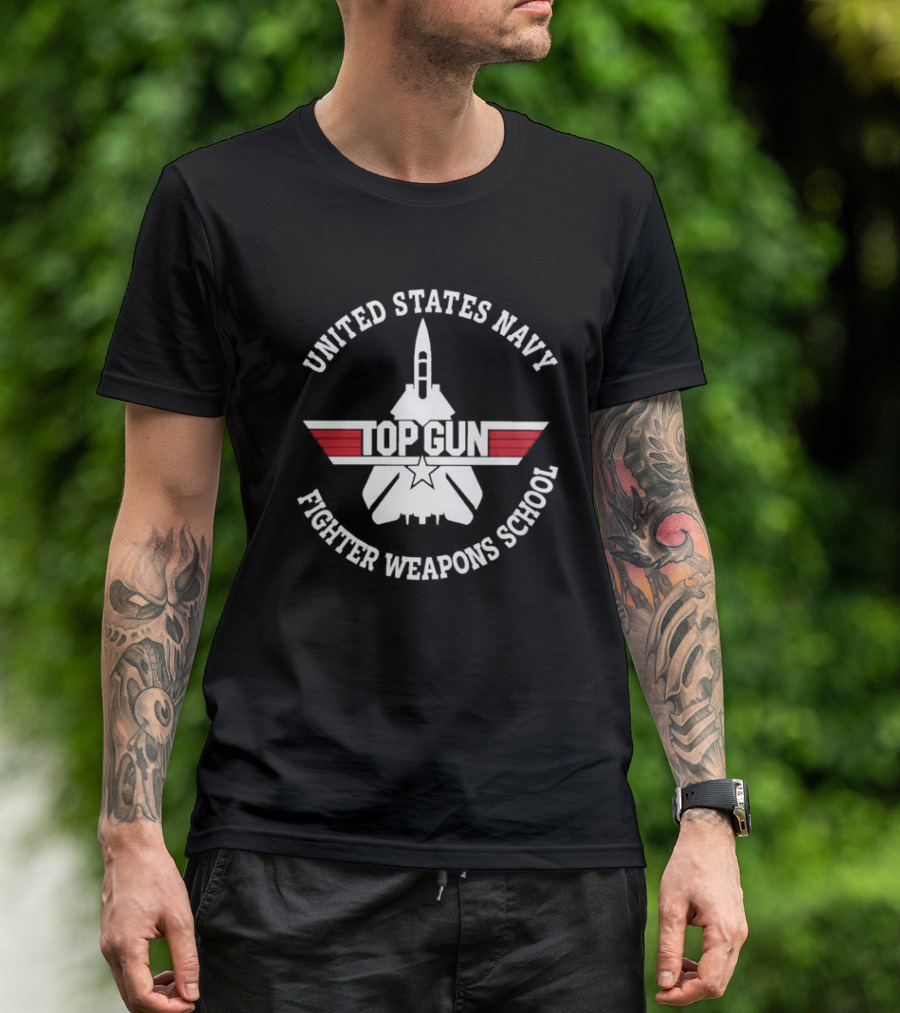 United States Navy Top Gun Fighter Weapons School Emblem With Jet Silhouette And Red Stripes T-Shirt