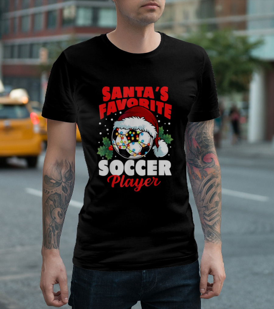 Santa's Favorite Soccer Player Christmas Pajama Xmas Soccer Ball and Santa Hat T-Shirt