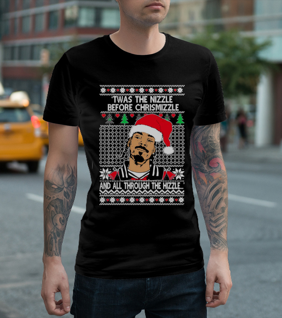 Snoop Dogg Twas The Nizzle Before Chrismizzle Santa Hat Pattern Christmas T-Shirt