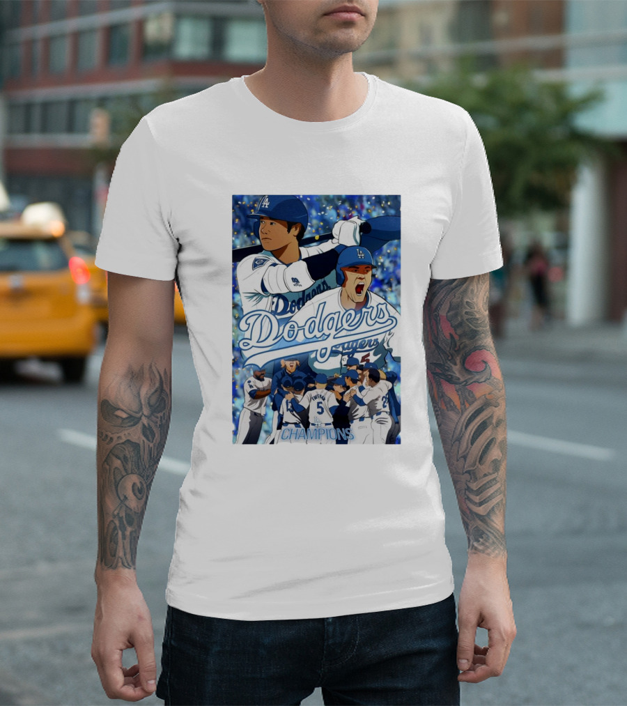 LA Dodgers World Series Champions Celebration Art Featuring Dodgers Players and Champions Text T-Shirt