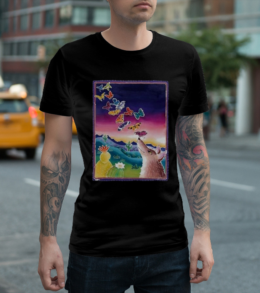 Jimmorris Smiles At Nature’s Wonders Colorful Desert Landscape With Coyote and Butterflies T-Shirt