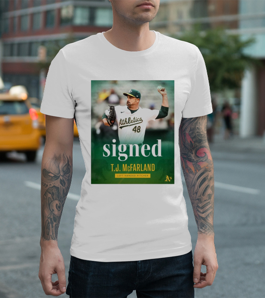 Signed T.J. McFarland Athletic A's Left-Handed Pitcher T-Shirt
