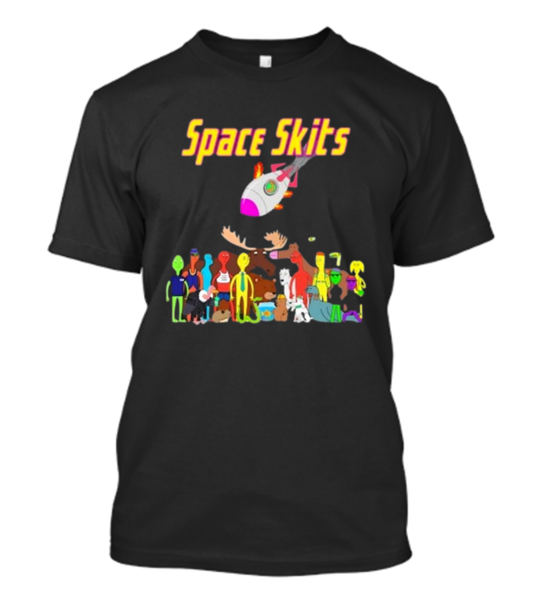 Space Skits 2024 By Cliff Benfield With Cartoon Characters And Spaceship T-Shirt