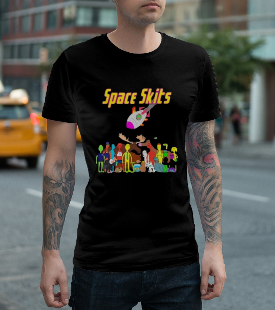 Space Skits 2024 By Cliff Benfield With Cartoon Characters And Spaceship T-Shirt
