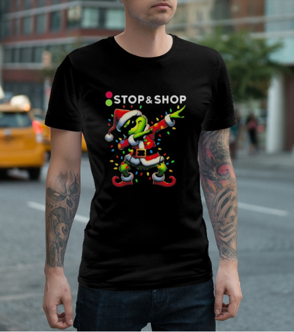 Stop And Shop Grinch Dabbing Santa Lights Merry Christmas T-Shirt