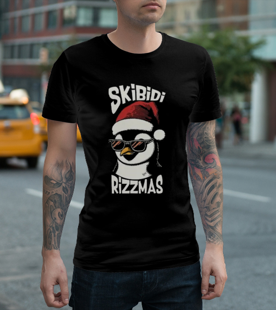 Skibidi Rizzmas Christmas Penguin with Santa Hat and Sunglasses T-Shirt