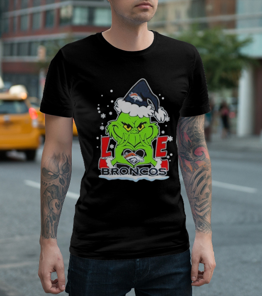 The Grinch Love Denver Broncos Christmas Football T-Shirt
