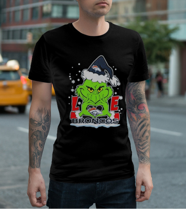 The Grinch Love Denver Broncos Christmas Football T-Shirt