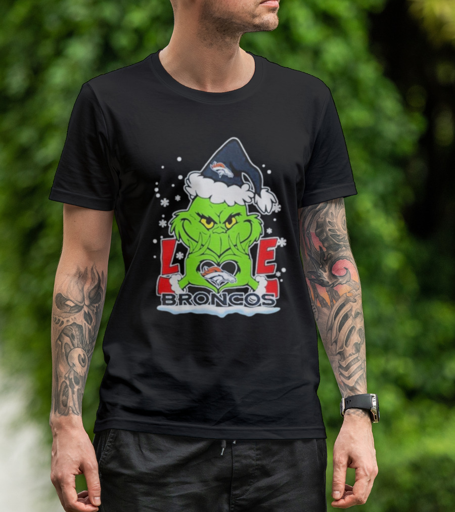 The Grinch Love Denver Broncos Christmas Football T-Shirt