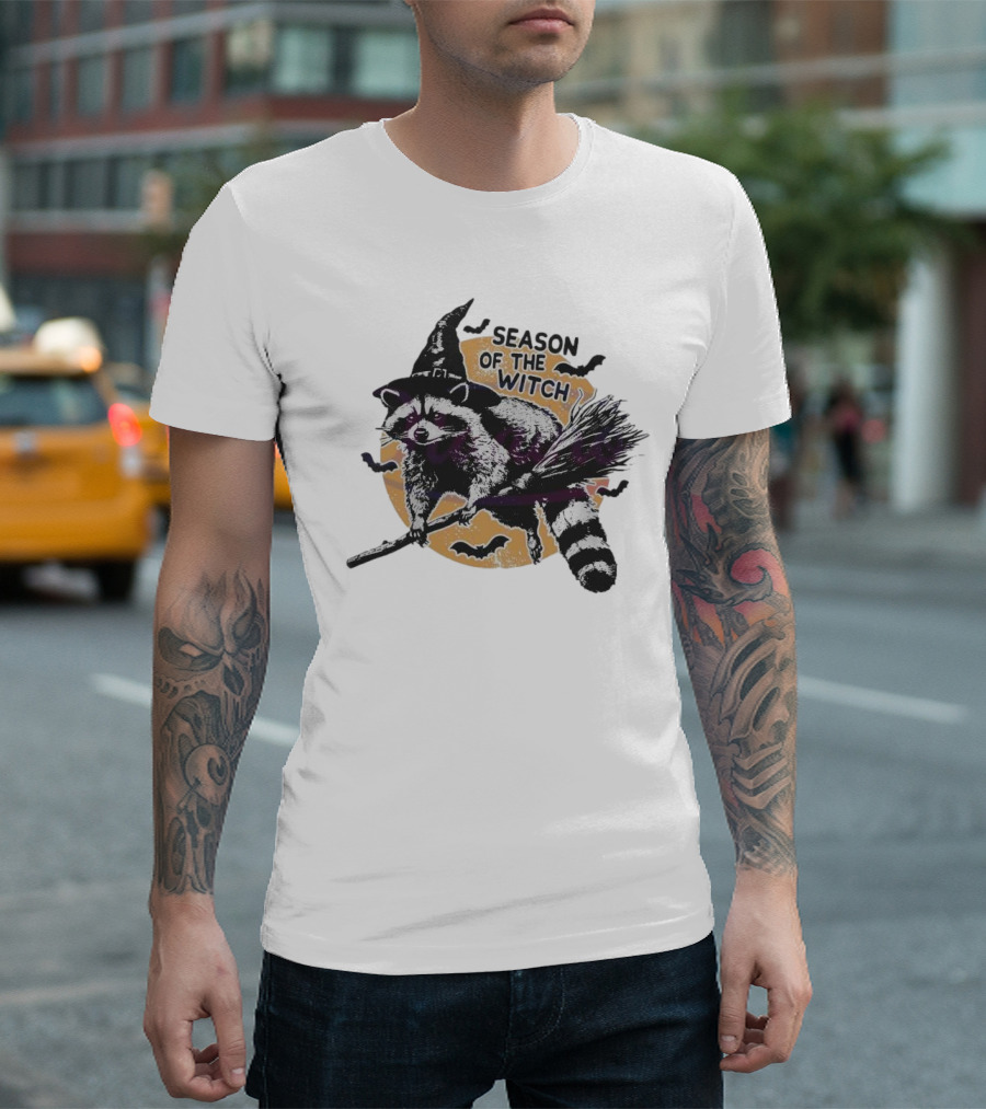 Season Of The Witch Halloween Raccoon Flying On Broomstick T-Shirt