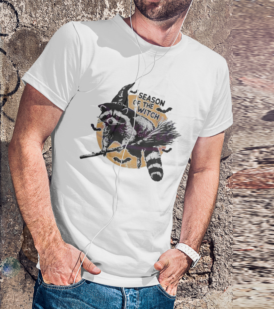 Season Of The Witch Halloween Raccoon Flying On Broomstick T-Shirt
