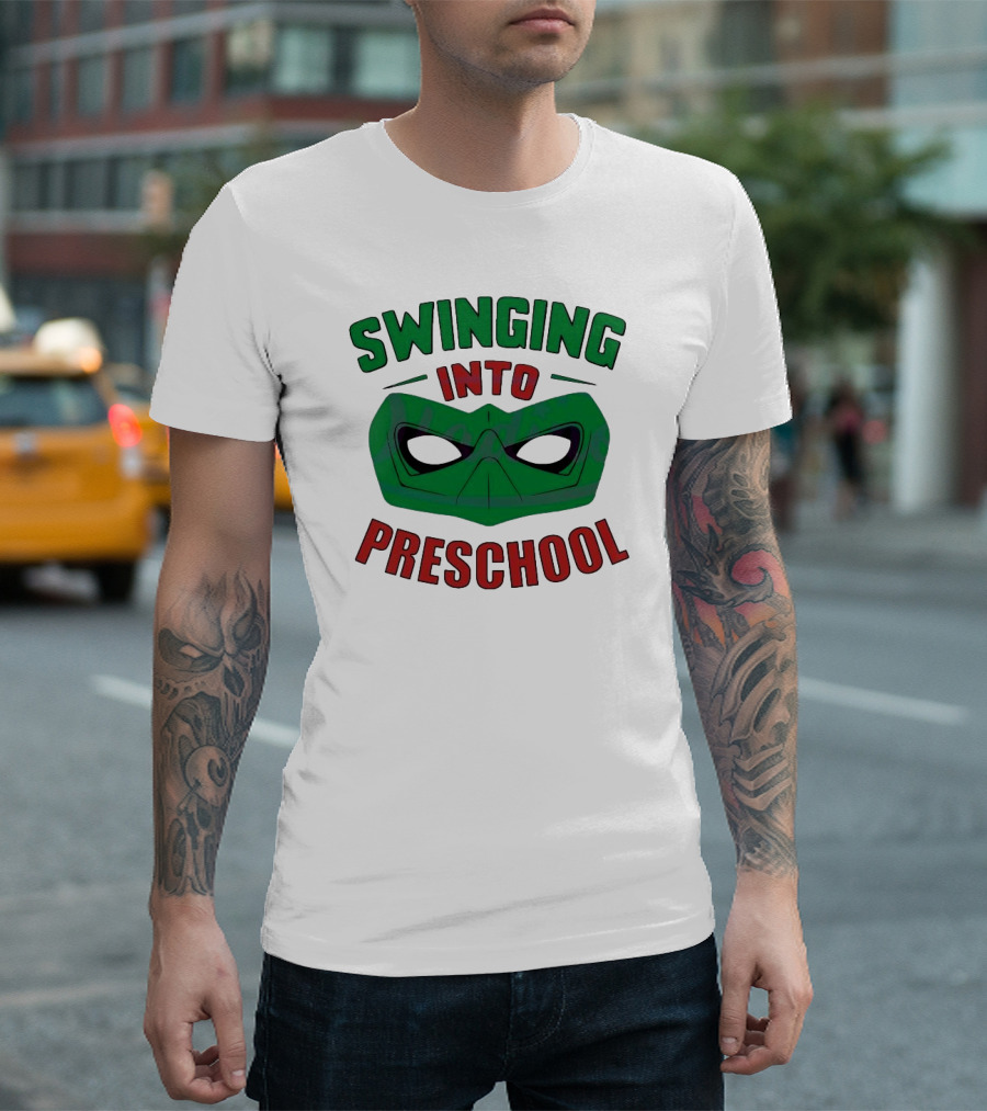 Swinging Into Preschool Green Superhero Mask T-Shirt