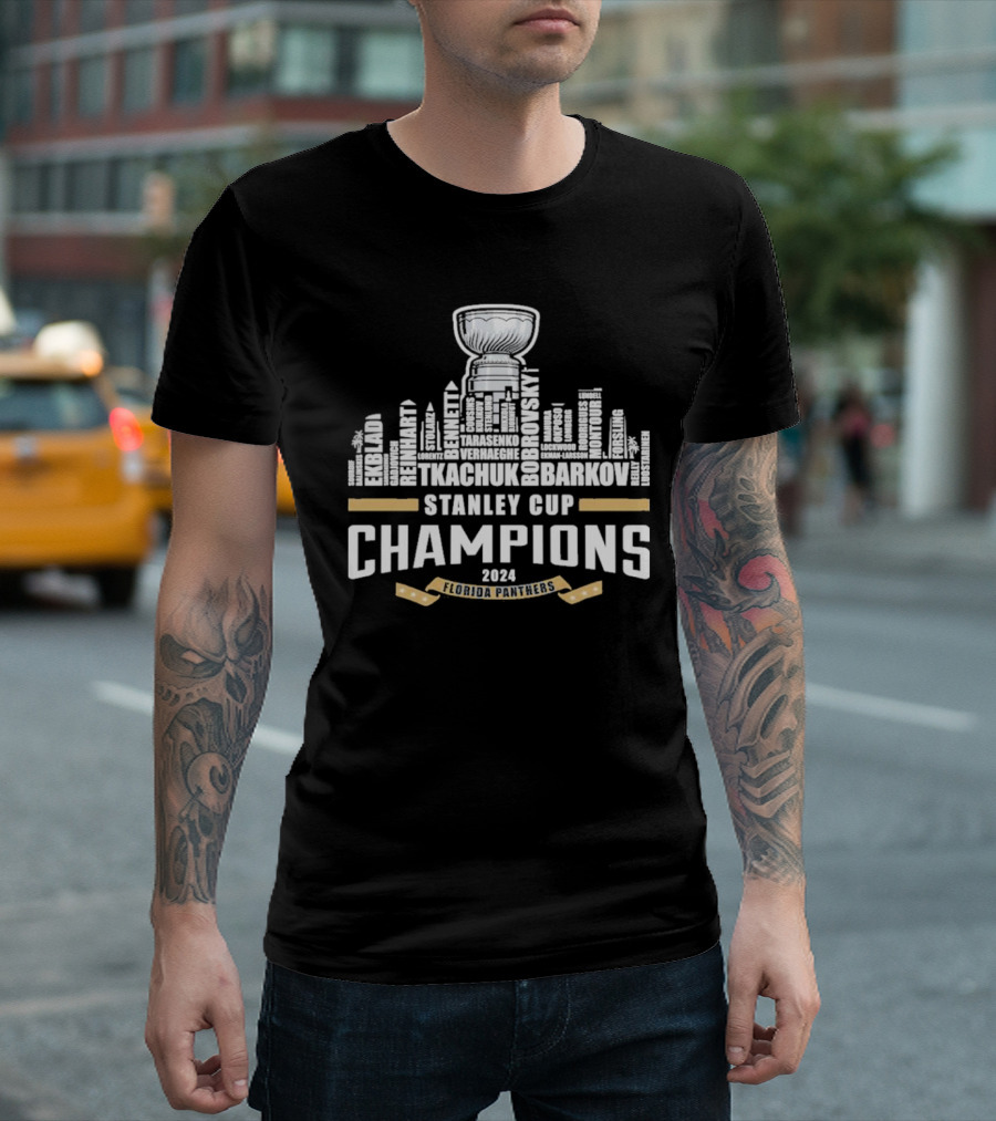Stanley Cup 2024 Champions Florida Panthers Tkachuk Bobrovsky Ekblad Reinhart Bennett Verhaeghe Montour Players Name Skyline T-Shirt