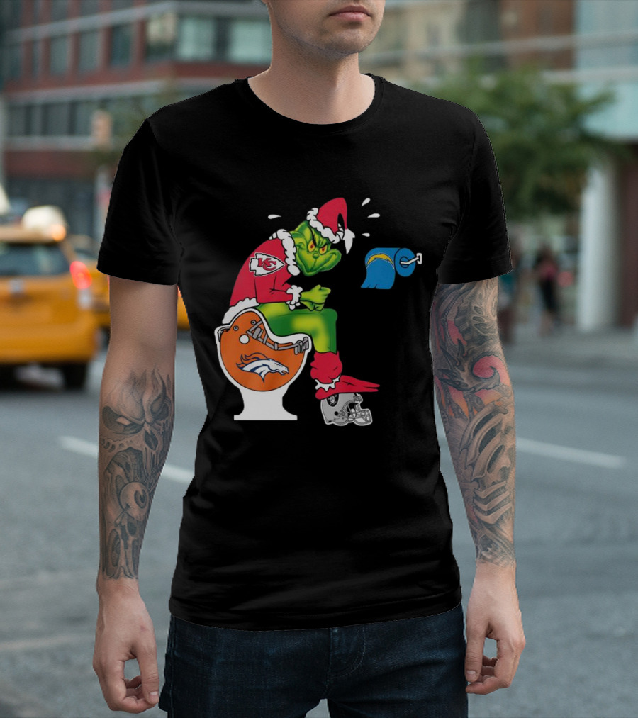 The Grinch on Toilet Kansas City Chiefs, Denver Broncos, Oakland Raiders, Chargers Christmas T-Shirt