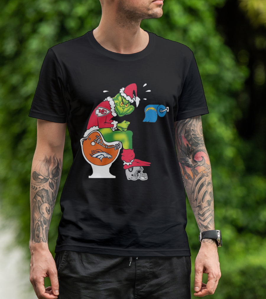 The Grinch On Toilet Kansas City Chiefs, Denver Broncos, Oakland Raiders, Chargers Christmas T-Shirt