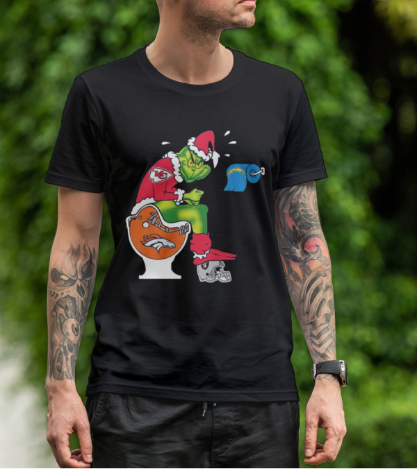 The Grinch On Toilet Kansas City Chiefs, Denver Broncos, Oakland Raiders, Chargers Christmas T-Shirt