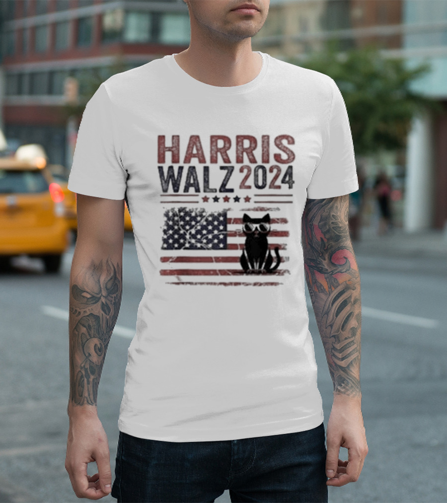 Harris Walz 2024 Walz Childless Cat Ladies for Kamala American Flag Sunglasses Cat T-Shirt