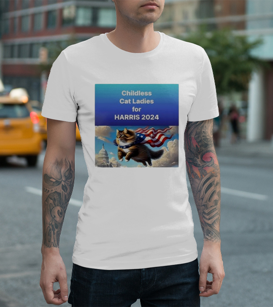 Childless Cat Ladies for Harris 2024 Lorenzo the Cat with American Flag Capitol Building T-Shirt
