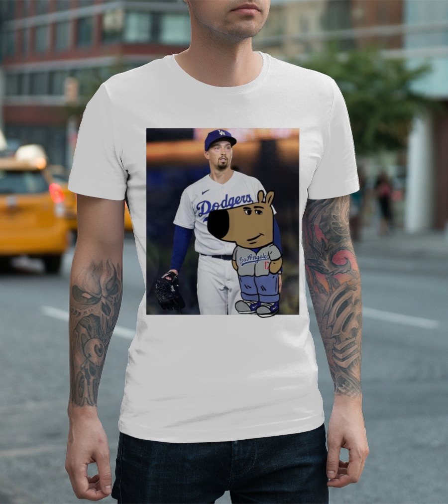 Blake Snell Los Angeles Dodgers Just a Chill Guy Enjoying Dodgers Jersey with Cartoon Character T-Shirt