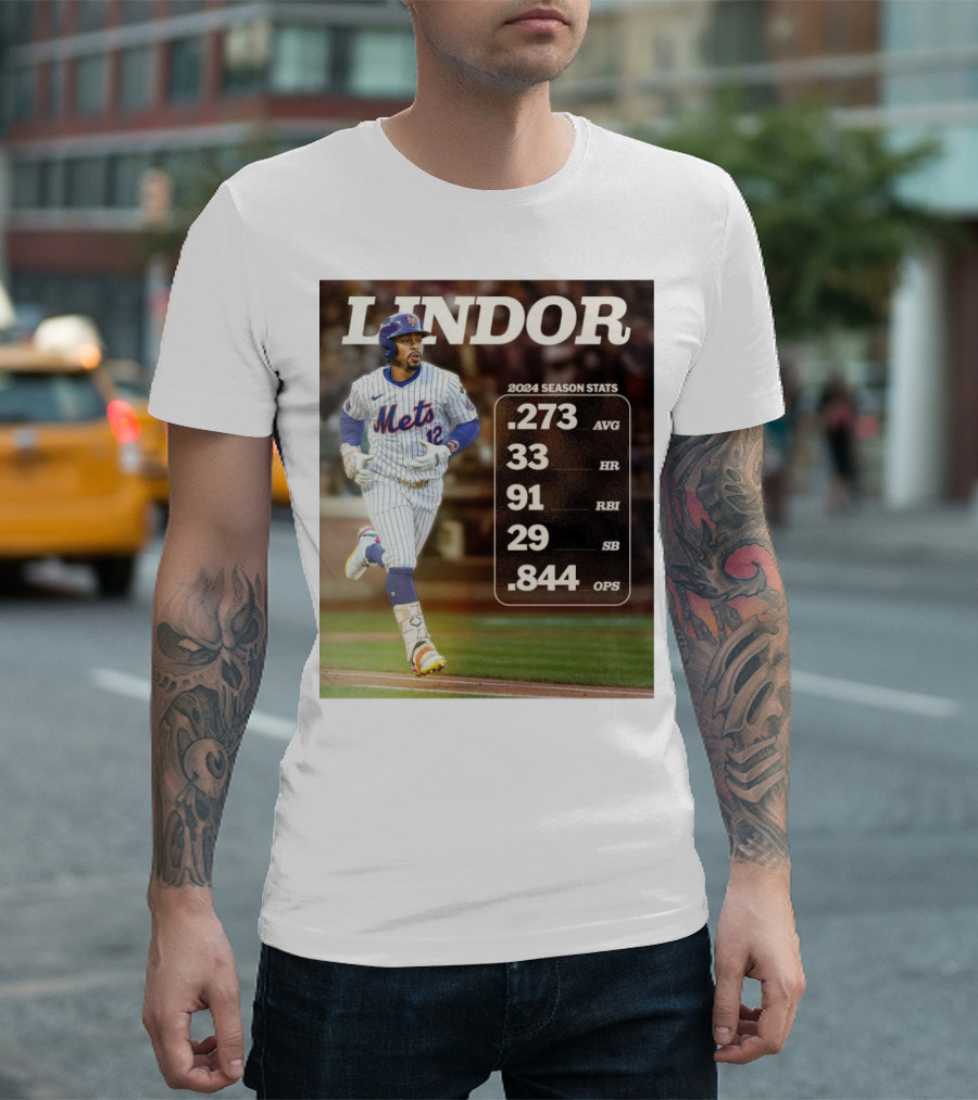 Francisco Lindor New York Mets 2024 Season Stats .273 AVG 33 HR 91 RBI 29 SB .844 OPS T-Shirt